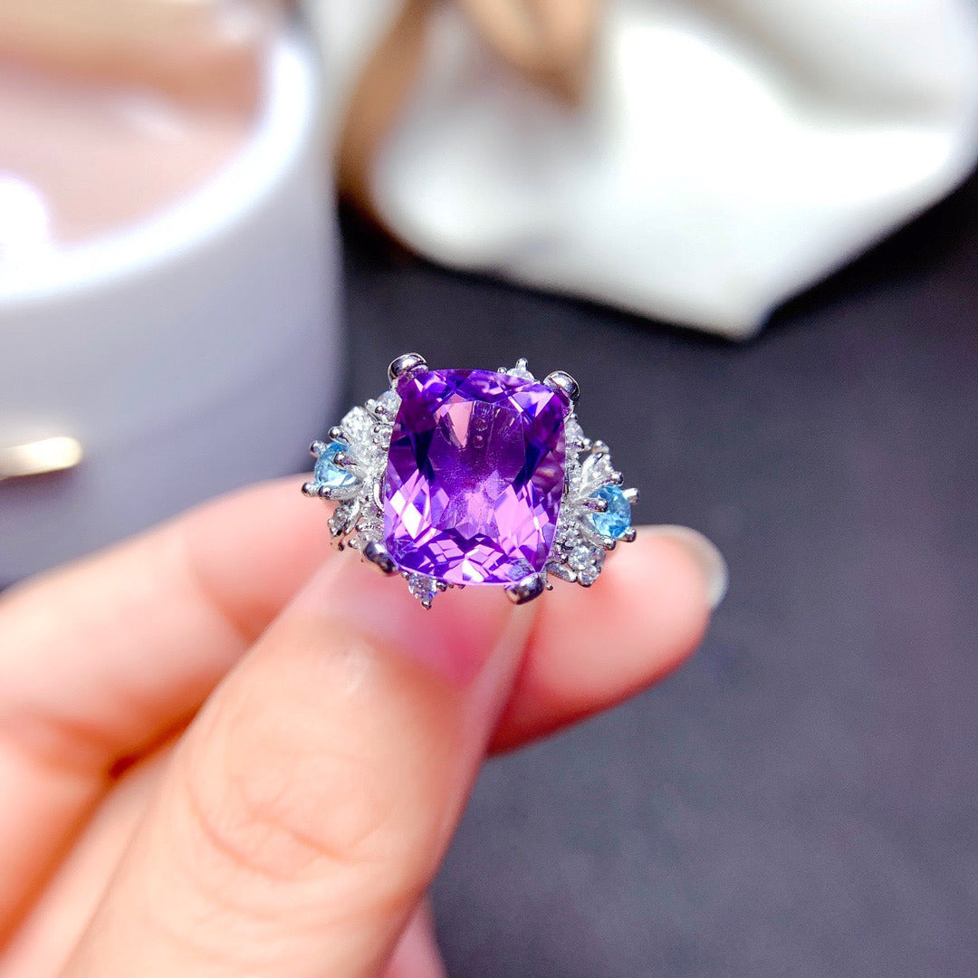 Fine Natural Amethyst Ring Women Fashion S925 Sterling Silver