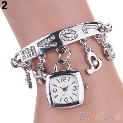 Women'S Flower Heart Love Style Rhinestone Stainless Steel Chain Bracelet Wrist