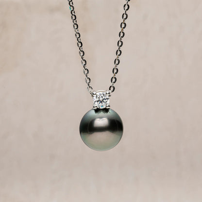 Anujewel 9-10Mm Natural Tahitian Black Pearl 0.3Ct Moissanite Diamond Necklace