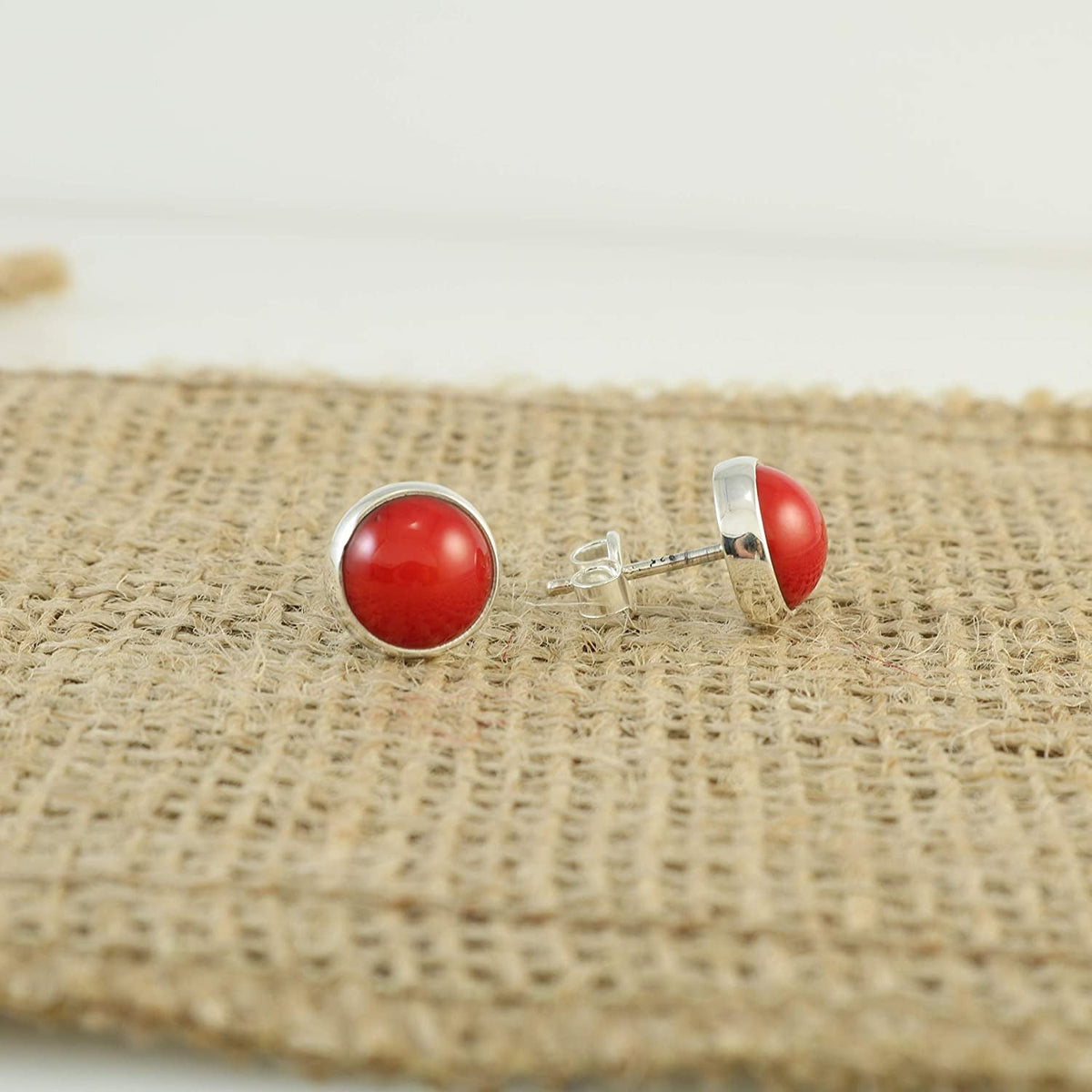 Sterling Silver 925 round Stone Handmade Stud Earrings for Women (Red Coral - 9.