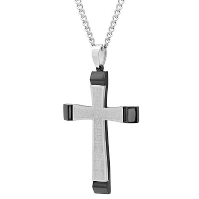 Men'S Stainless Steel with Black IP Plating Lord'S Prayer Cross Pendant