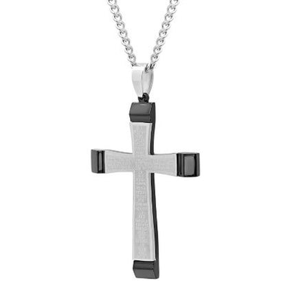 Men'S Stainless Steel with Black IP Plating Lord'S Prayer Cross Pendant
