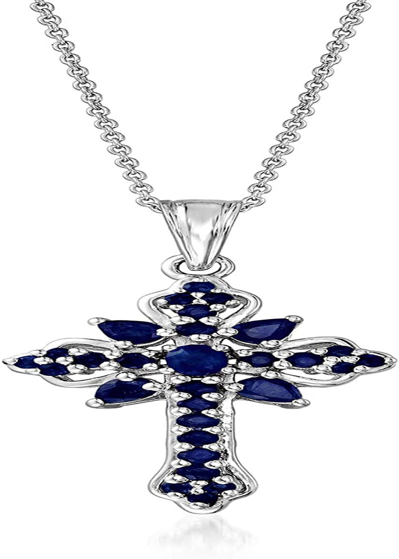1.42 Ct. T.W. Sapphire Cross Pendant Necklace in Sterling Silver. 18 Inches