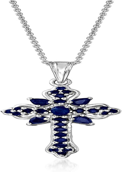 1.42 Ct. T.W. Sapphire Cross Pendant Necklace in Sterling Silver. 18 Inches
