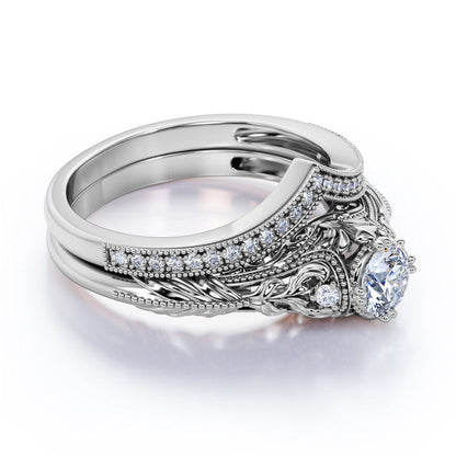 Engraved .68 Carat round Cut Real Diamond Victorian-Inspired Wedding Ring Set wi