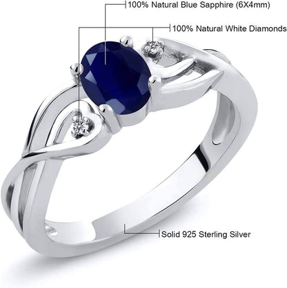 925 Sterling Silver Oval Blue Sapphire and White Lab Grown Diamond Women'S 3 Sto