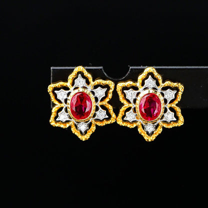Vintage Ruby Flower Stud Earrings