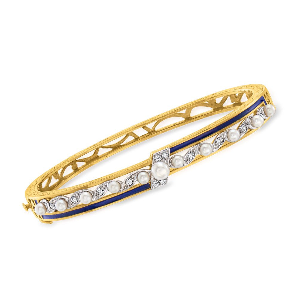 C. 1960 Vintage 3.3-4.7Mm Cultured Pearl and .25 Ct. T.W. Diamond Bangle Bracele