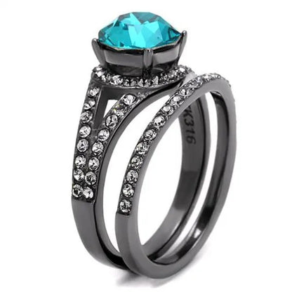 2.39 Ct Blue Zircon Crystal Gray Stainless Steel Wedding Ring Set Women'S Size 5
