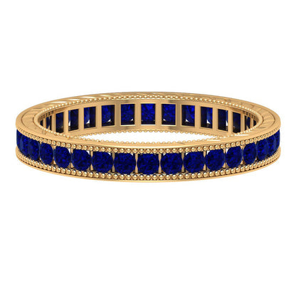1 CT Created Blue Sapphire Eternity Ring with Milgrain Details, 14K Yellow Gold,