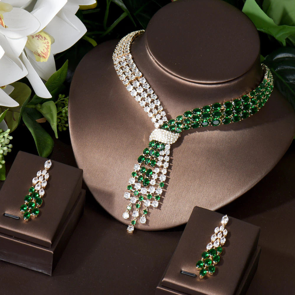 Fashion CZ Big Water Drop Green Color Women Bridal 2PCS Necklace