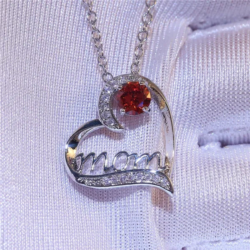 Love Mum Silver Plated Ruby MOM Character Emerald Necklace Jewelry Family Birthd