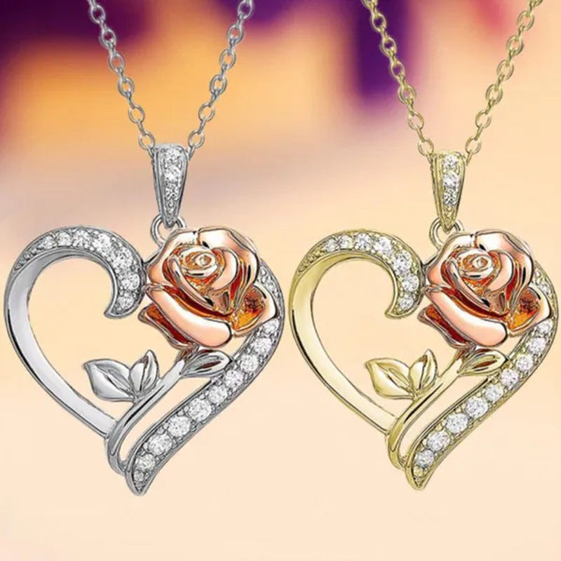 Exquisite Fashion Heart Rose Zircon Necklace Couple Heart Pendant Engagement Nec