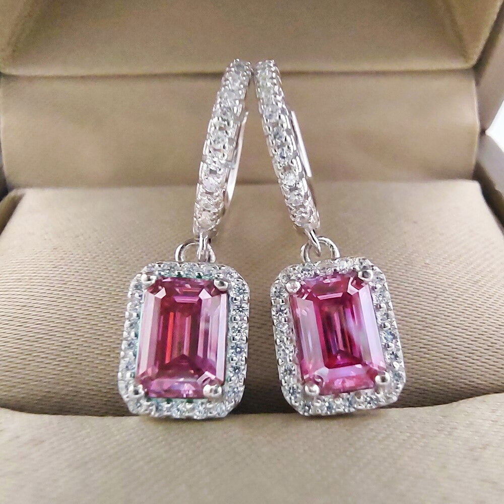 1CT 2CT 6X8MM Pink Green Emerald Cut Moissanite Earrings Pass Diamond Test 100%