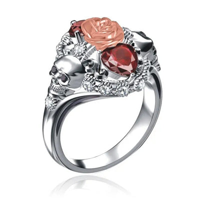Rose Skull Ring Heart-Shaped Red Zircon Punk Ring Fashion Jewelry