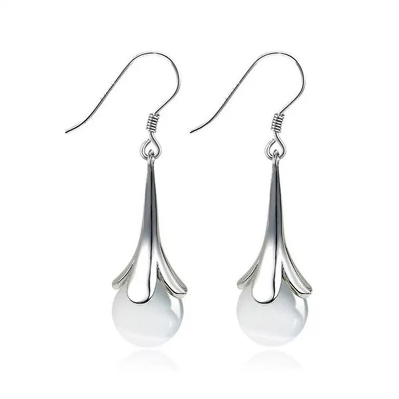 NEW ARRIVAL 925 Sterling Silver Long Earring Simple round Moonstone Dashing Woma