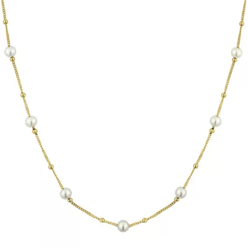 14K Freshwater Cultured Pearl and High Polish Bead Necklace, 18"