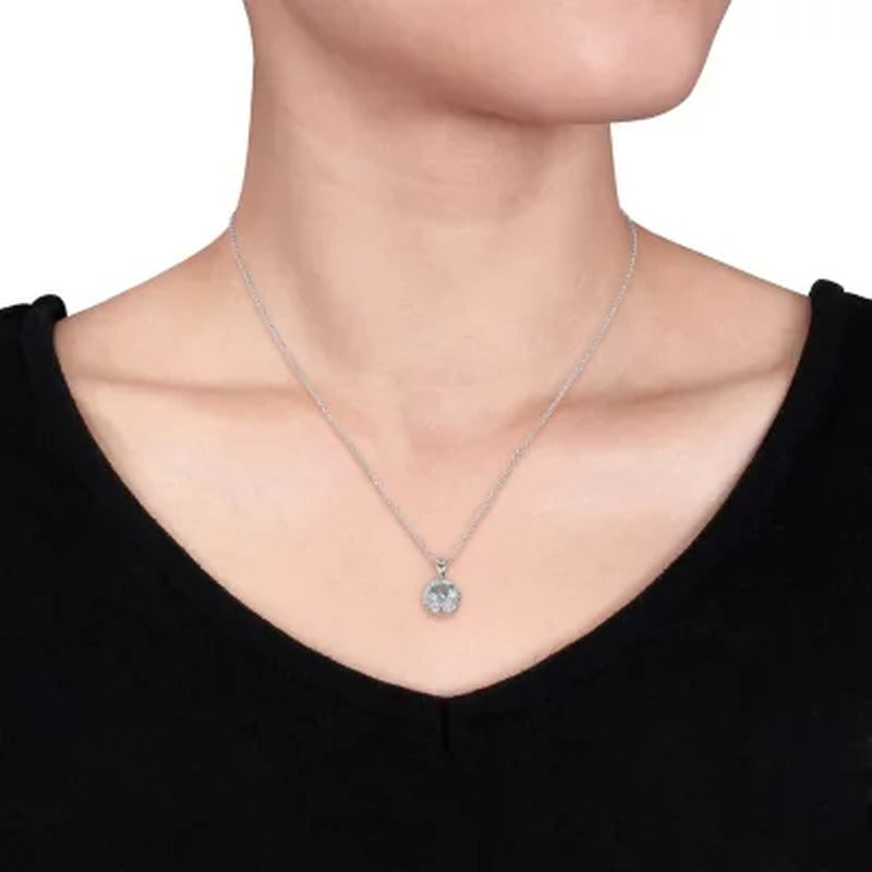 Aquamarine Halo Pendant in Sterling Silver