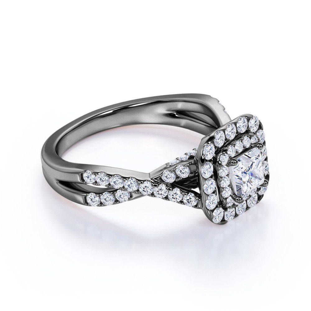 Elegant 1 Carat - Square Cut Diamond - Twisted Band - Pave - Double Halo Gothic