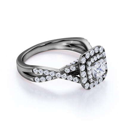 Elegant 1 Carat - Square Cut Diamond - Twisted Band - Pave - Double Halo Gothic