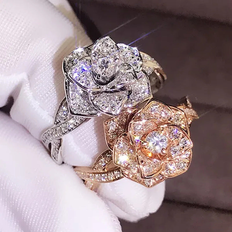 925 Silver Ring Plated Rose Gold Ring Rose Woman Wedding Ring Statement Crown Ri