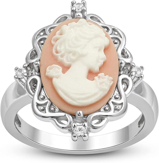 Pink Cameo Ring in Sterling Silver with round Created White Sapphire