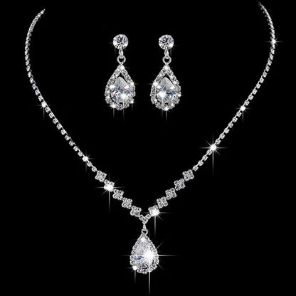 Wedding Silver Jewelry Set for Women Luxury Shiny Austrian Diamond Necklace Wate