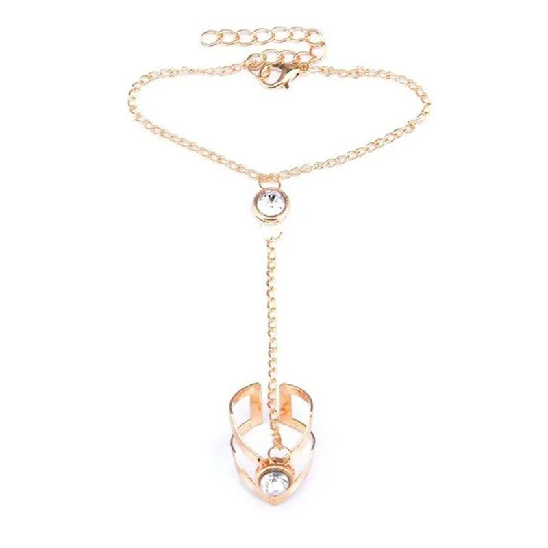 Vintage Gold Big Crystal Ring Bracelet Wrist Chain Jewelry Fashion Hand Back Ban