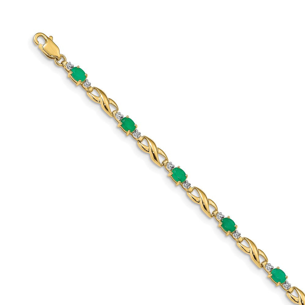 14 Karat Yellow Gold Diamond and Emerald Oval Bracelet