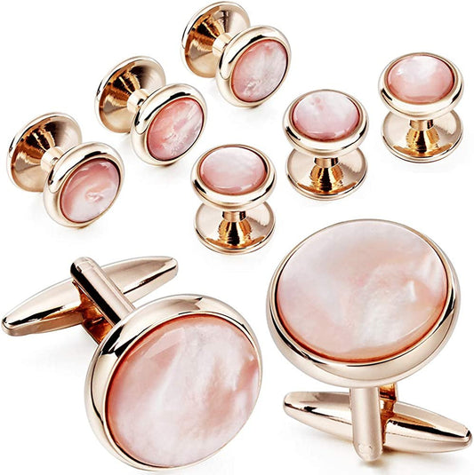 Cufflinks and Tuxedo Studs Set for Men with Gift Box, Rose Gold Tone Mother-Of-P