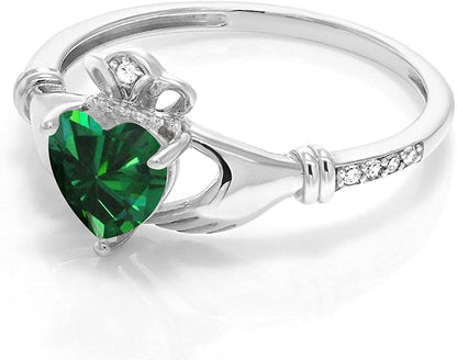 10K White Gold Green Simulated Emerald and White Diamond Irish Celtic Claddagh R