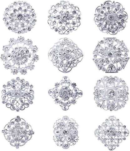 Lot 12Pc Clear Rhinestone Crystal Flower Brooches Pins DIY Wedding Bouquet Broac