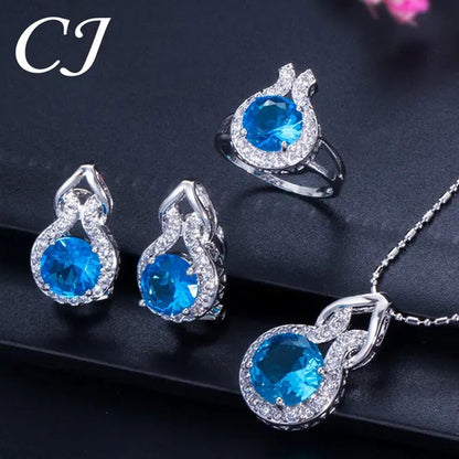 CANDICE Fashion Party Jewelry Set 925 Sterling Silver round Cut Blue Rhinestone