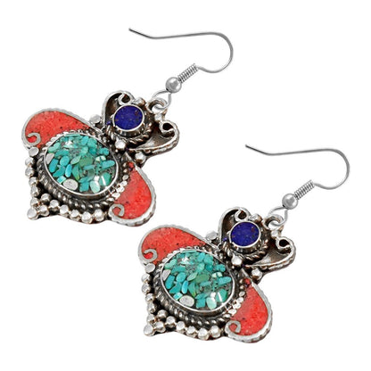 Compressed Turquoise Lapis Lazuli & Coral Inlay Handmade Ethnic Tribal Gypsy Dro