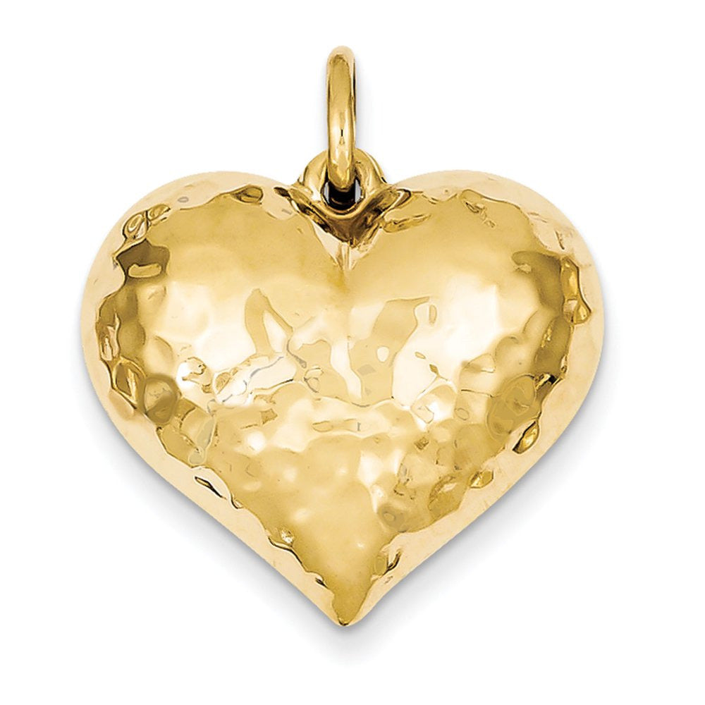14 Karat Yellow Gold Polished and Hammered Puffed Heart Pendant with 18-Inch Cab