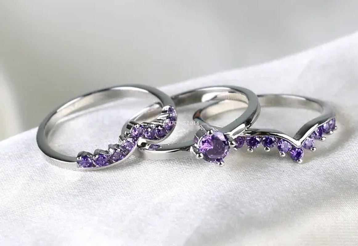 Sz5-10 round 5Mm Amethyst 10Kt White Gold Filled Women'S Wedding Ring 3 in 1 Bri