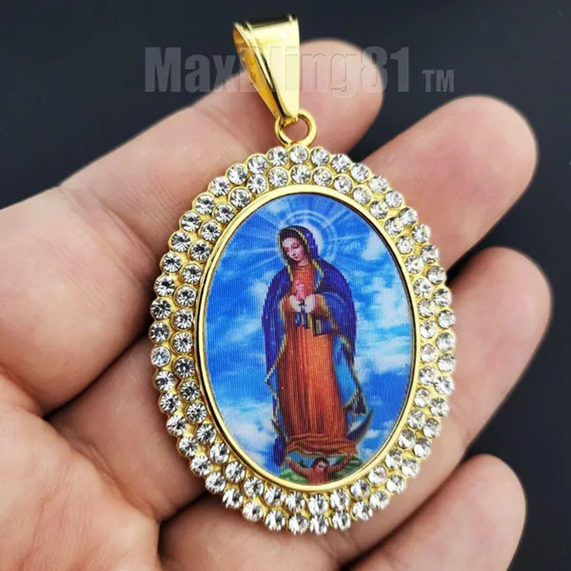 Stainless Steel Simulated Diamond Icy Gold Plated Mother of Mary Oval Pendant