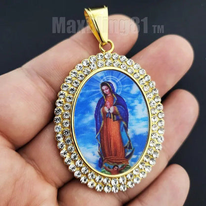 Stainless Steel Simulated Diamond Icy Gold Plated Mother of Mary Oval Pendant