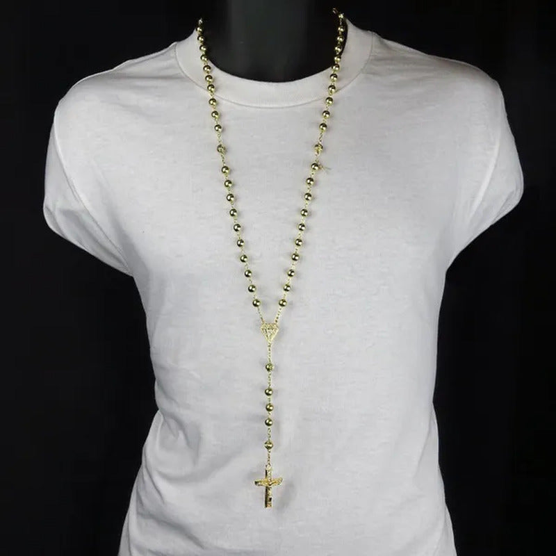 HOT Mens Hip Hop 8Mm GOLD Beads 14Kt Diamond-Shape Rosary & Jesus Cross Necklace