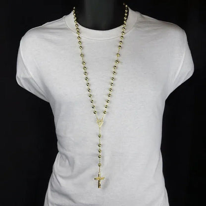 HOT Mens Hip Hop 8Mm GOLD Beads 14Kt Diamond-Shape Rosary & Jesus Cross Necklace