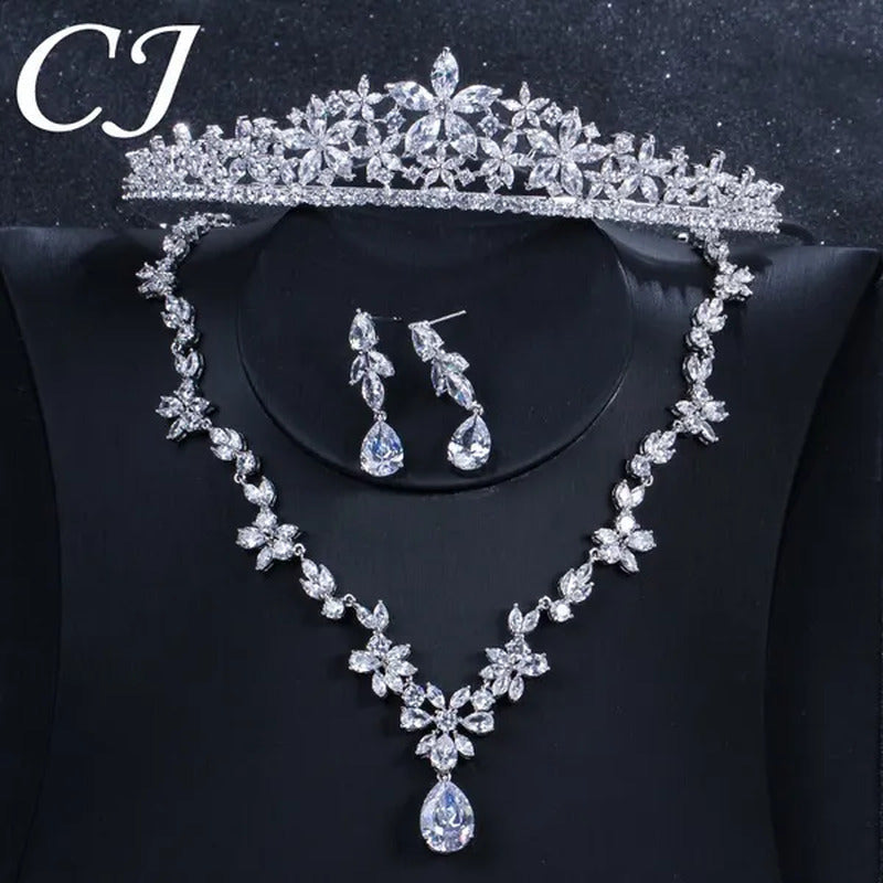 CANDICE Luxurious Classy White Gold Plating Bridal Crown Tiara Necklace Earrings