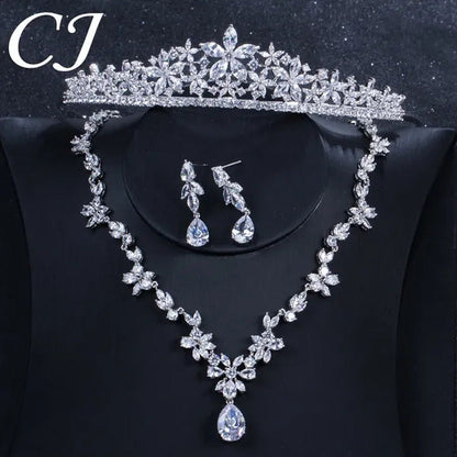 CANDICE Luxurious Classy White Gold Plating Bridal Crown Tiara Necklace Earrings