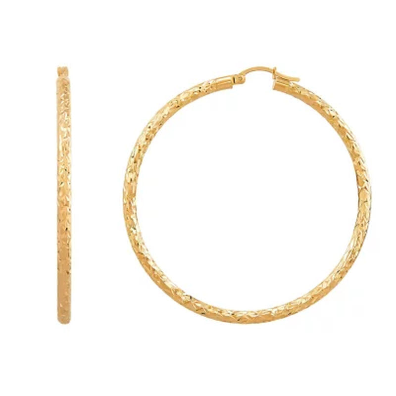 3X55Mm round Tube Hoop with Crystal Cut in 14K Yellow Gold