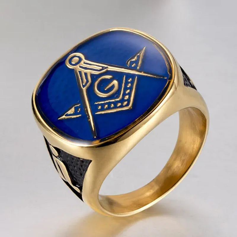 Gold Bluetitanium Steel Freemason Masonic Ring for Men Hip Hop Jewelry Religious
