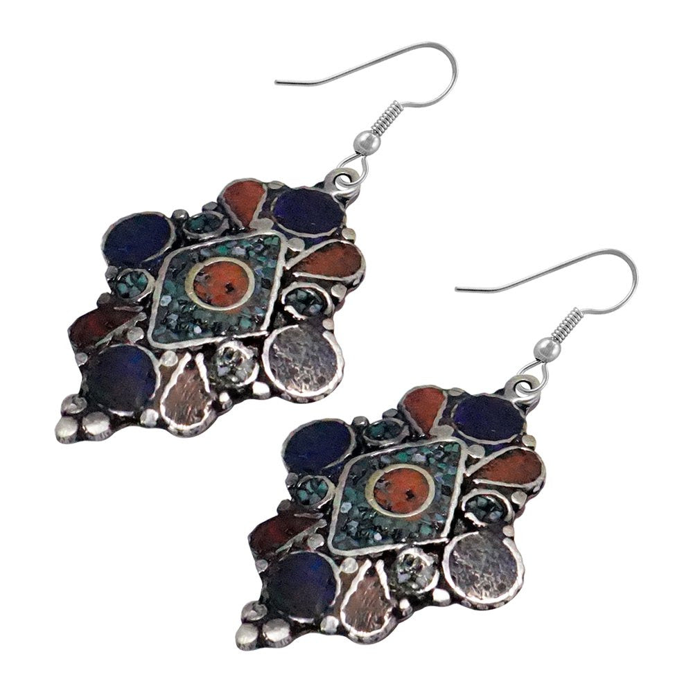 Ethnic Tribal Gypsy Drop Earrings for Women Compressed Coral, Turquoise and Lapi