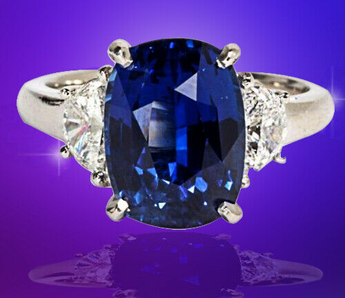 Natural No Heat Sapphire cushion 6.16 ct and Diamond .66 ct half moon Ring