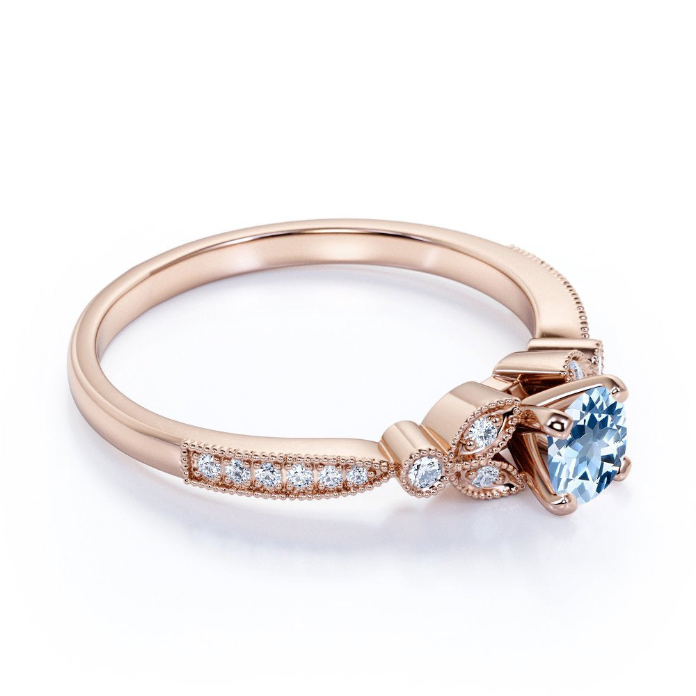 1.25 Ct - round Genuine Aquamarine Ring - March Birthstone - Vintage Engagement