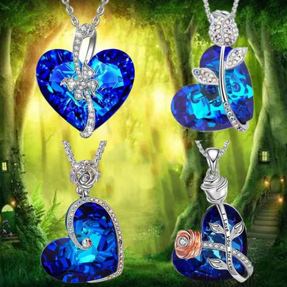 Fashion Heart Blue Crystal Necklace Double Layer Rose Zircon Pendant Engagement