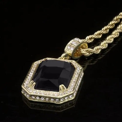 Mens Hip Hop 14K Gold Plated Simulated Black Ruby Pendant 24" 4Mm Rope Chain