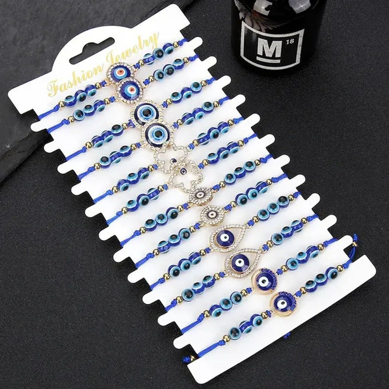 12 Pcs/Set Bohemian Handmade Braided Rope Charm Bracelets Rhinestone Blue round